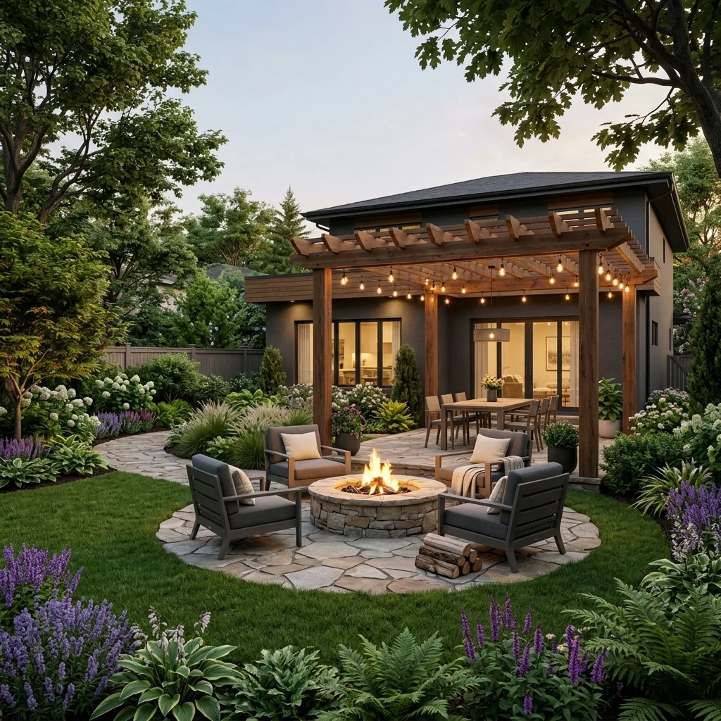 Complete backyard 3D design rendering with firepit and pergola