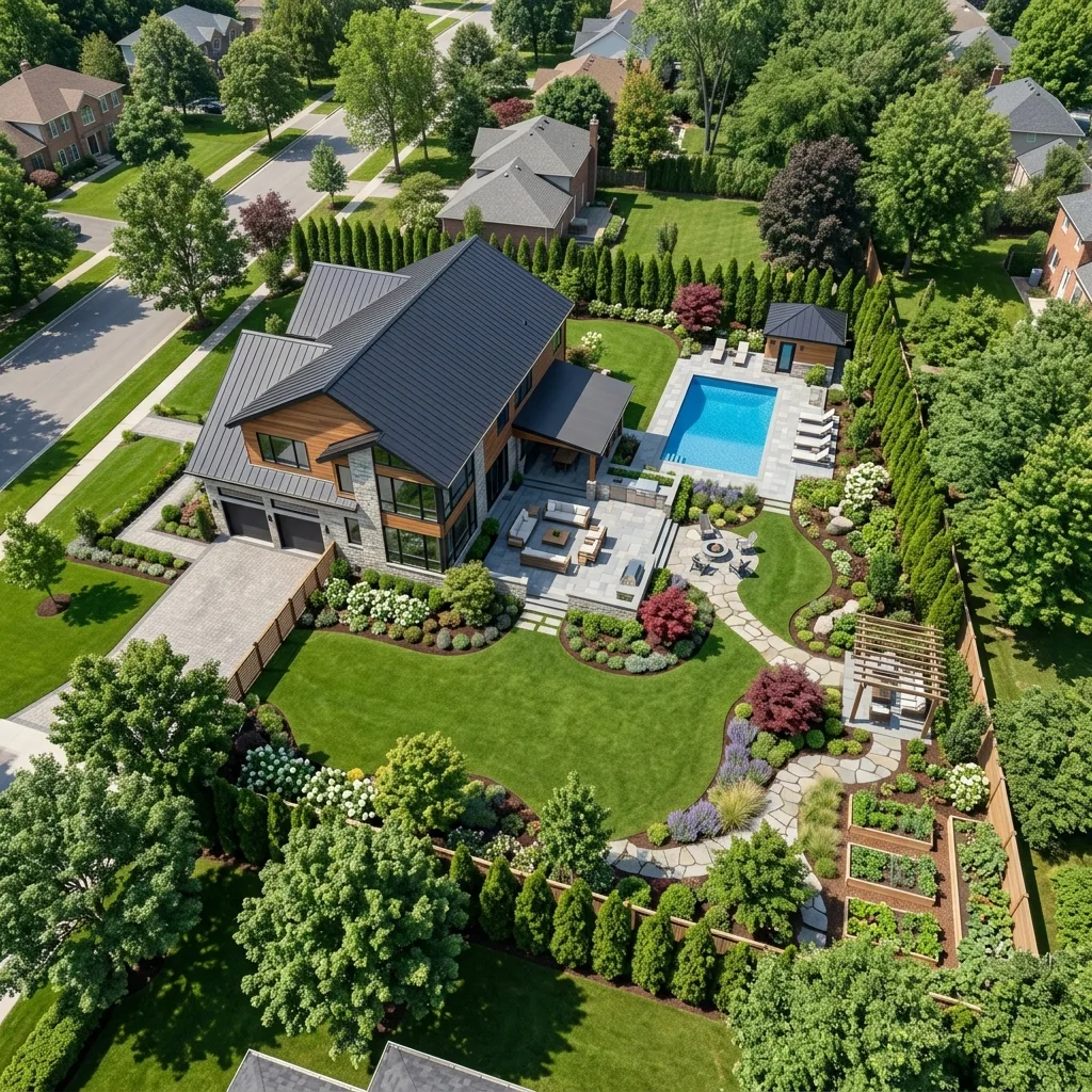 Aerial view of commercial landscape design rendering