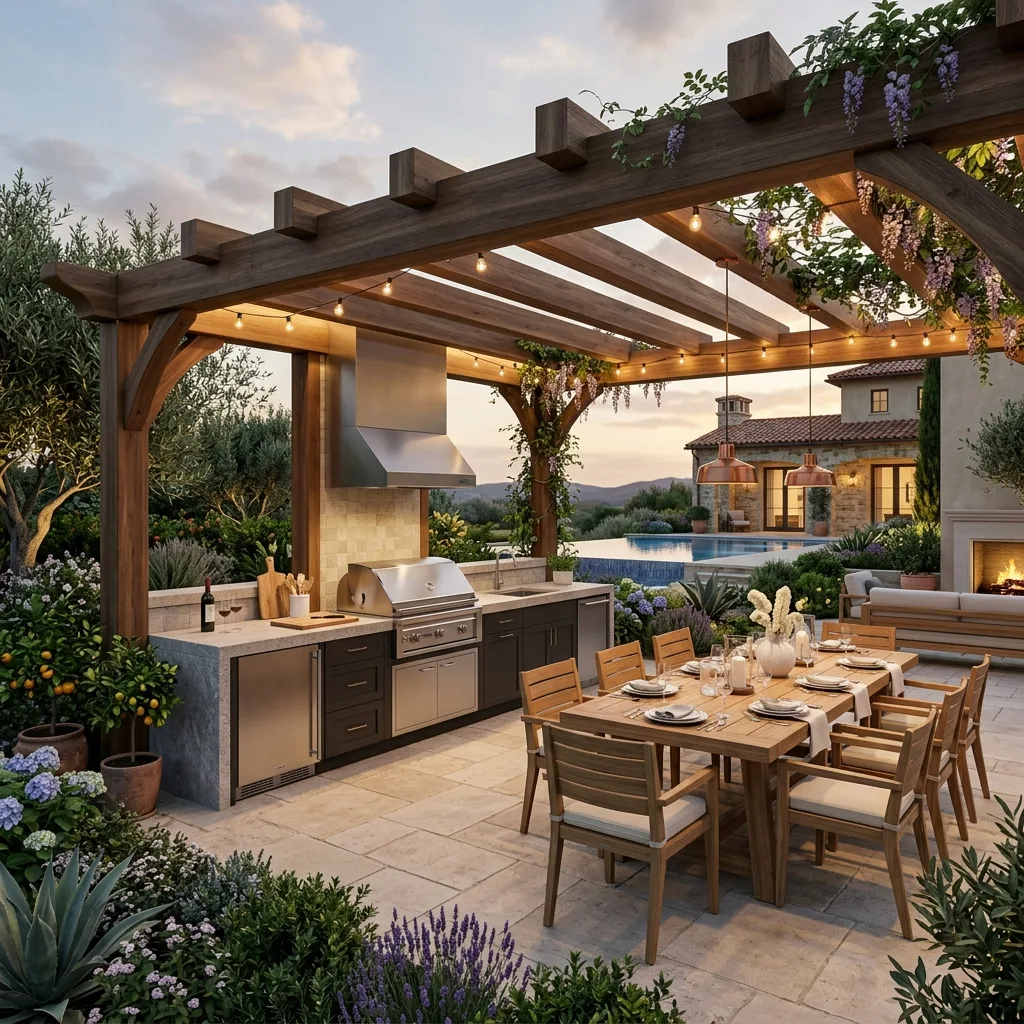 3D design rendering of outdoor kitchen with pergola