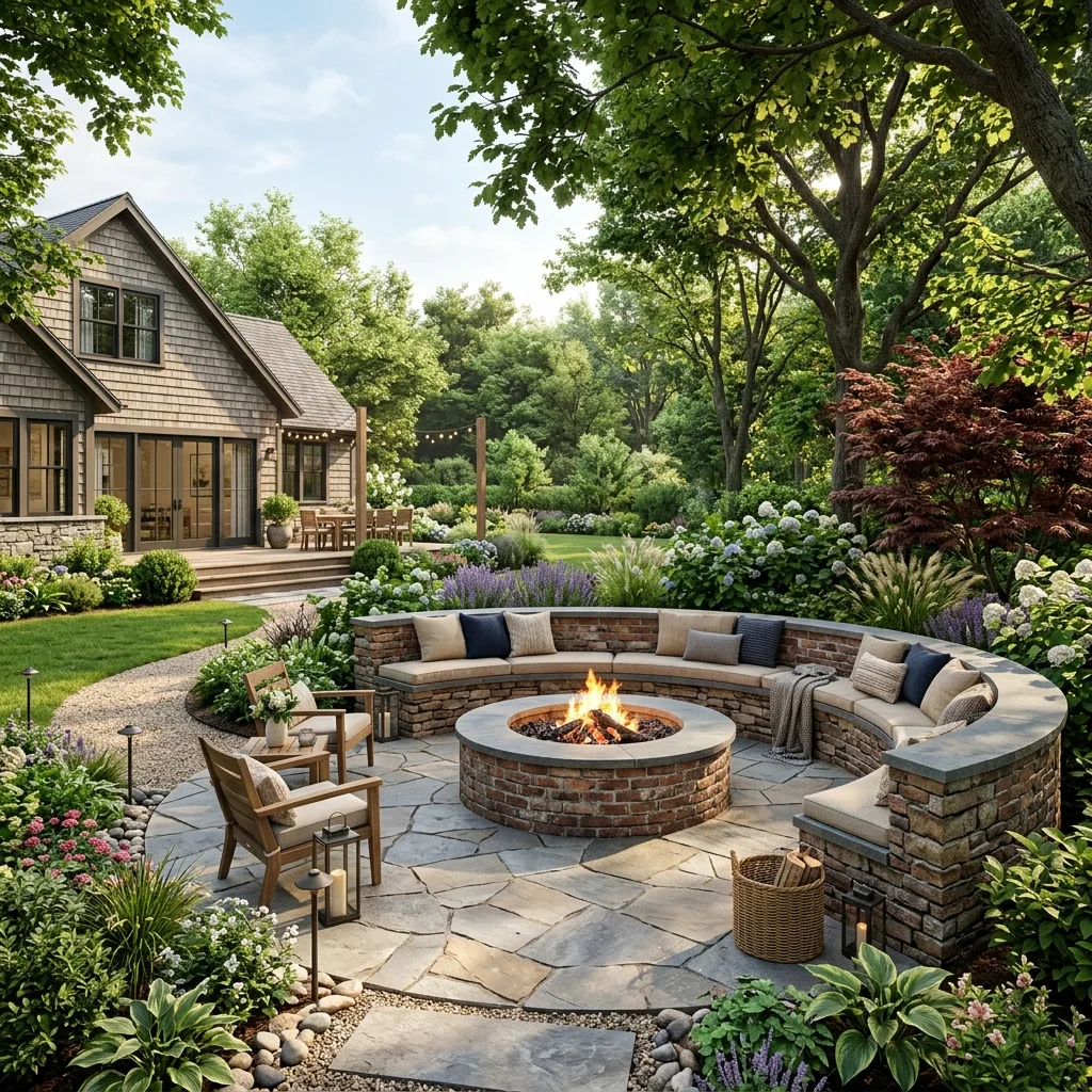 3D patio design rendering with brick firepit