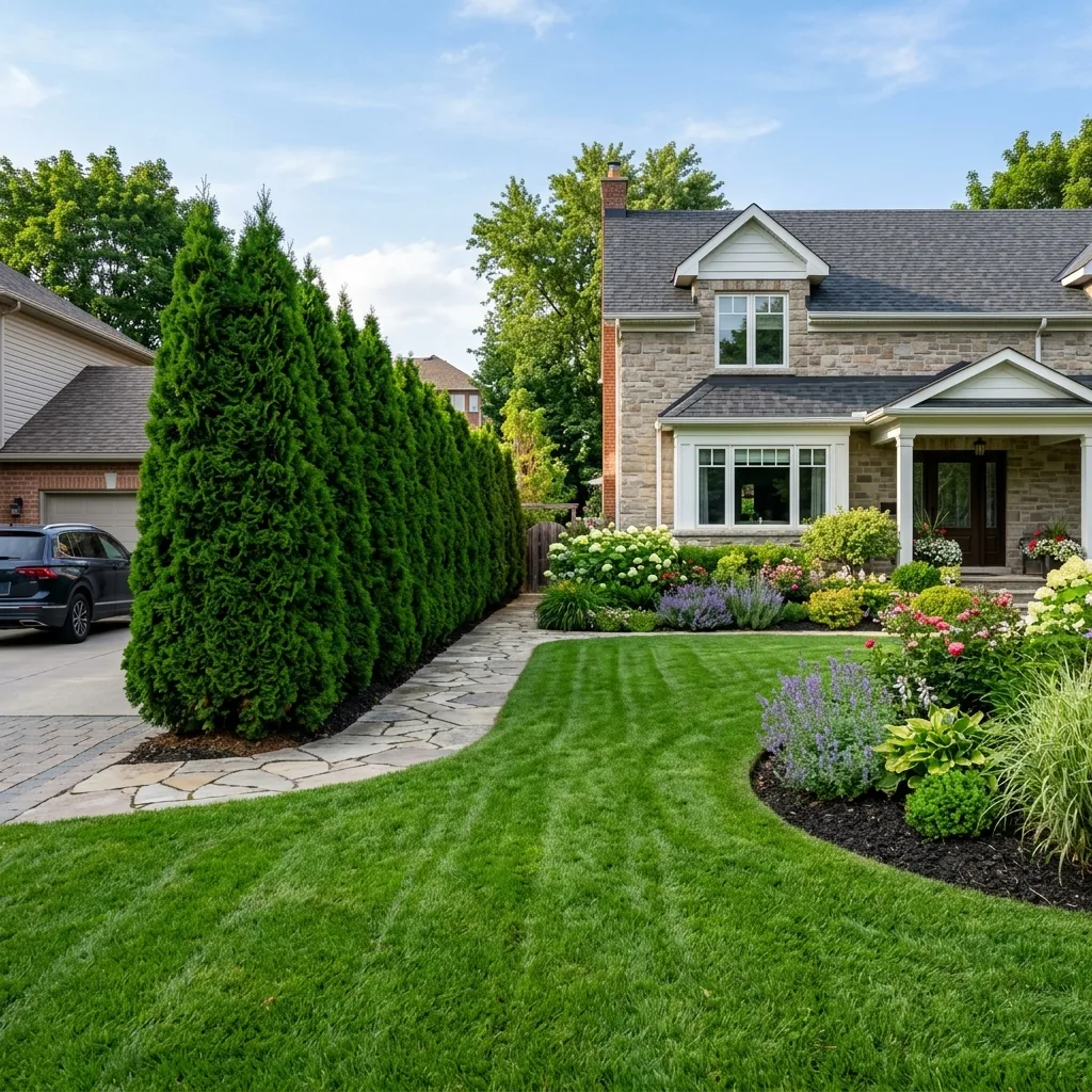 Arborvitae privacy hedge and lawn design rendering — Glen Ellyn IL