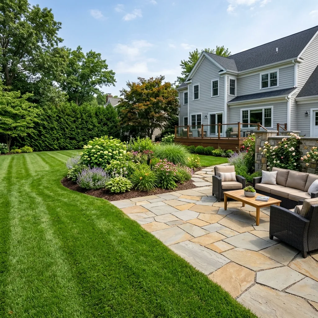 Backyard transformation with lawn and patio design rendering — Winfield IL