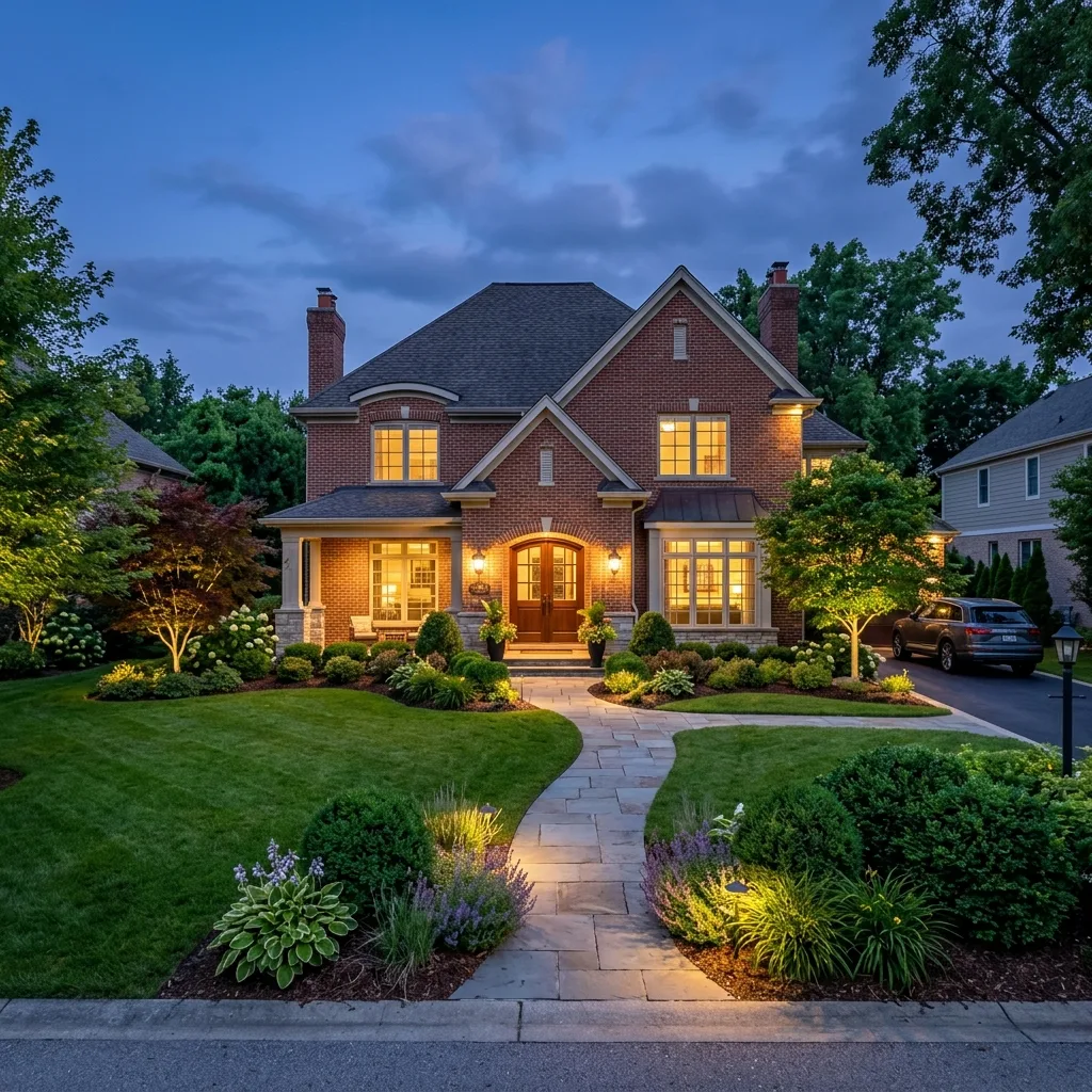 Brick home lawn and landscape curb appeal evening design rendering