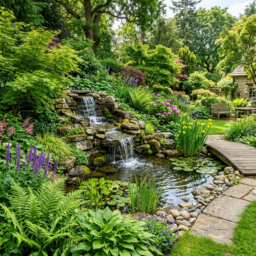 Natural stone waterfall garden feature design rendering — Geneva IL