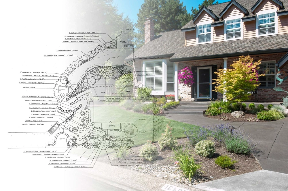 Landscape design blueprint and before/after plan