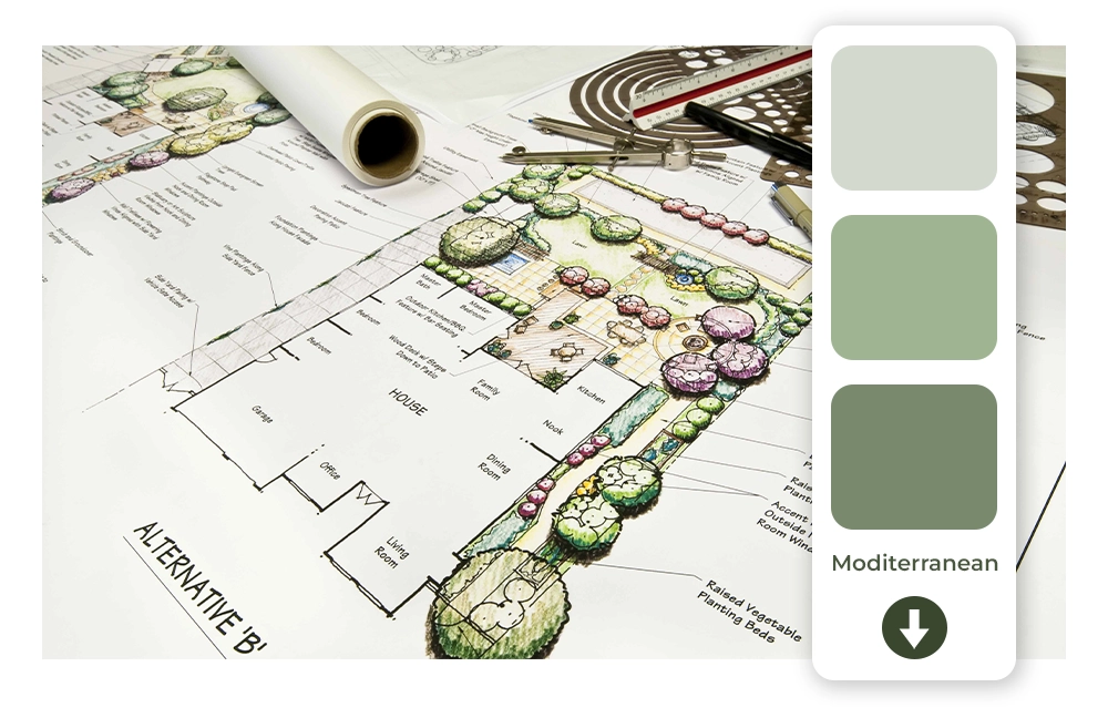 Landscape design plan with color swatches and material selections